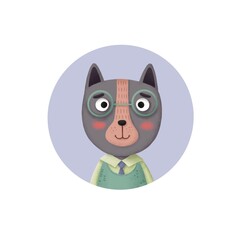 Cute round icon with a cartoon cat in glasses. Portrait of a stylized animal. Forest animals.