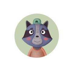 Cute round icon with a cartoon raccoon. Portrait of a stylized animal. Forest animals.