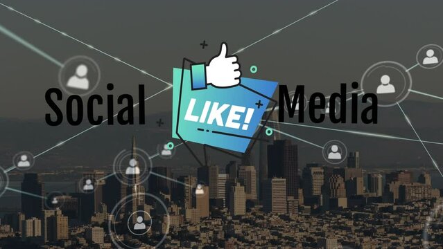 Animation of network of connections with social media icons over cityscape