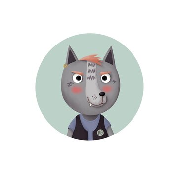 Cute round icon with cartoon wolf. Portrait of a stylized animal. Forest animals.