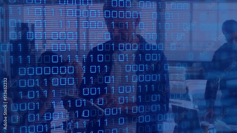 Aufkleber animation of binary code over caucasian man and coworkers in office