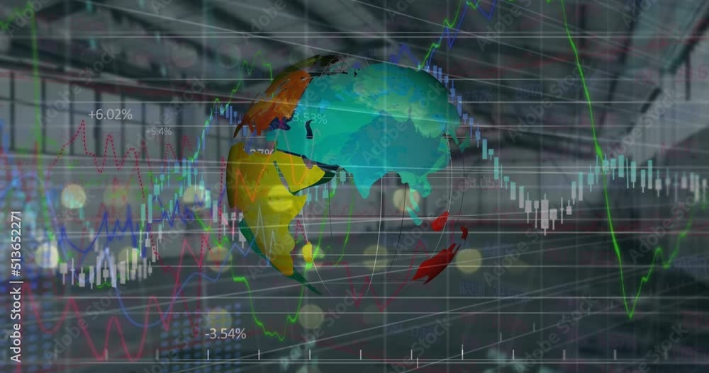 Aufkleber animation of globe and graphs and financial data over office space