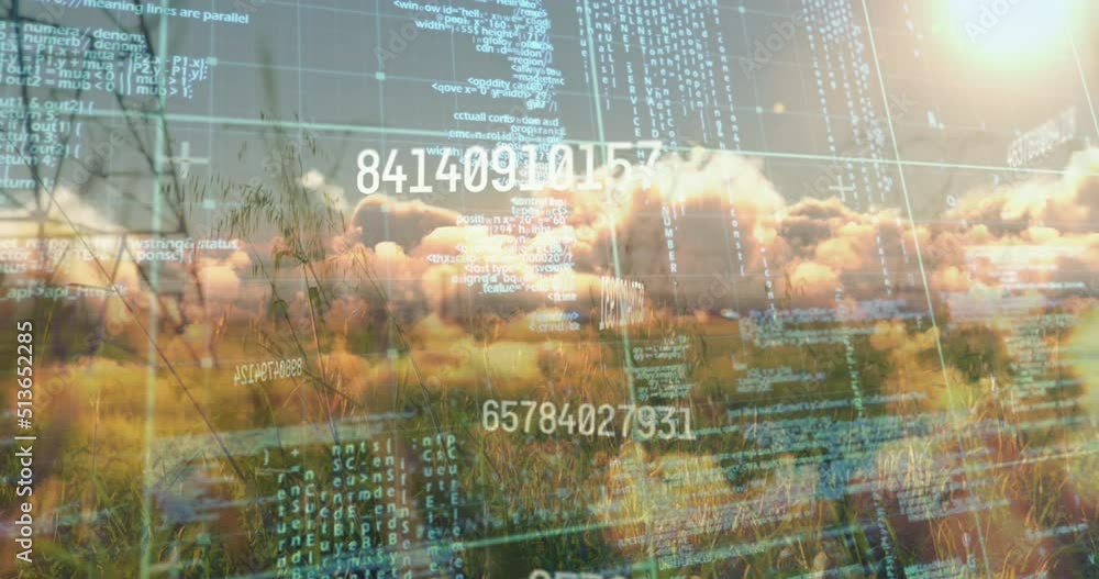 Poster animation of data processing and numbers over electricity poles