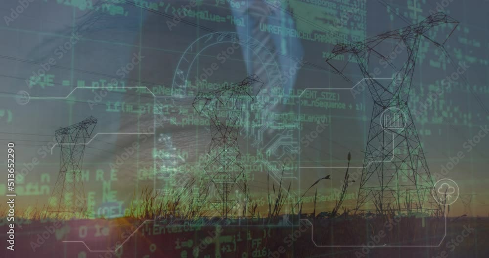 Poster animation of data processing and digital padlock over electricity poles