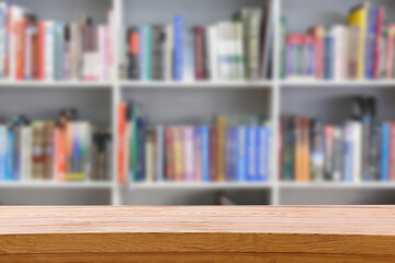 Empty wooden table in modern library