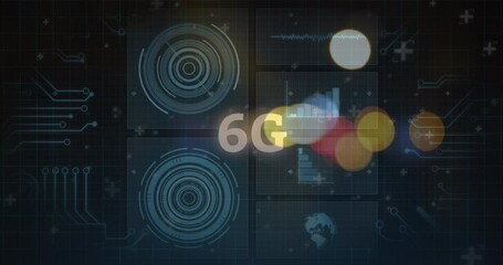 Animation of blurred traffic lights over processing circle, 6g and dark space - Powered by Adobe