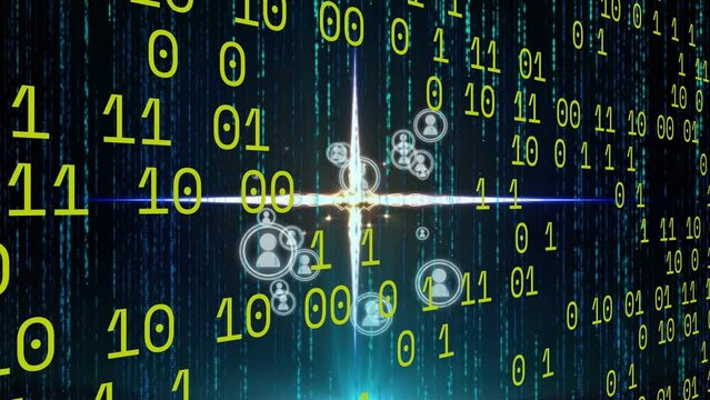 Animation of binary code over icons on black background