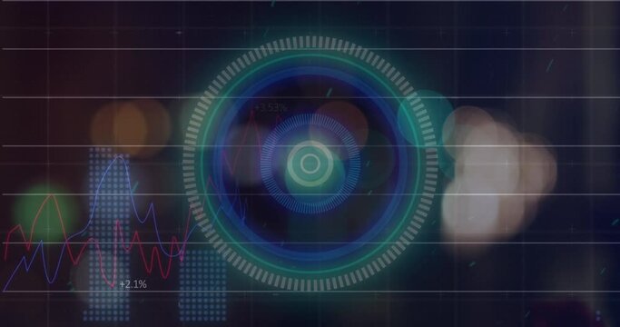 Animation of blurred traffic lights over processing circle and dark space