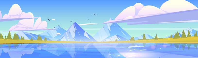 Nature landscape with mountains and blue crystal pond or lake, green field and birds in sky with fluffy clouds fly above rocks and calm water surface. Panoramic background, Cartoon vector illustration