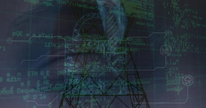 Animation of scanning, virus warning and digital padlock over electricity poles