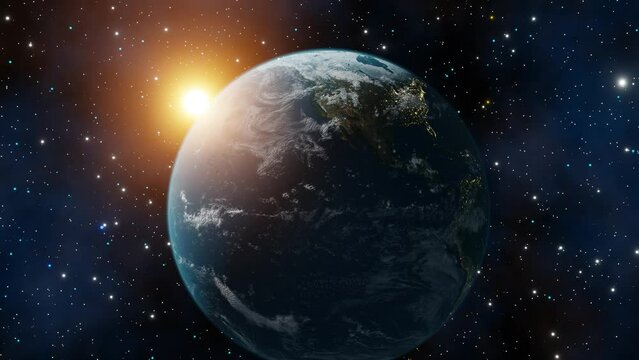 Concept of climate change, dark night, cities lights, sunrise. Beautiful 3d earth planet animation. World planet satellite, Stars, nebula and galaxy 3d render. Sunrise from outer space. 4k