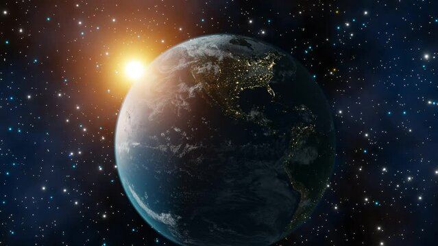 Concept of climate change, dark night, cities lights, sunrise. Sunrise from outer space. Beautiful 3d earth planet animation. World planet satellite, Stars, nebula and galaxy 3d render. 4k