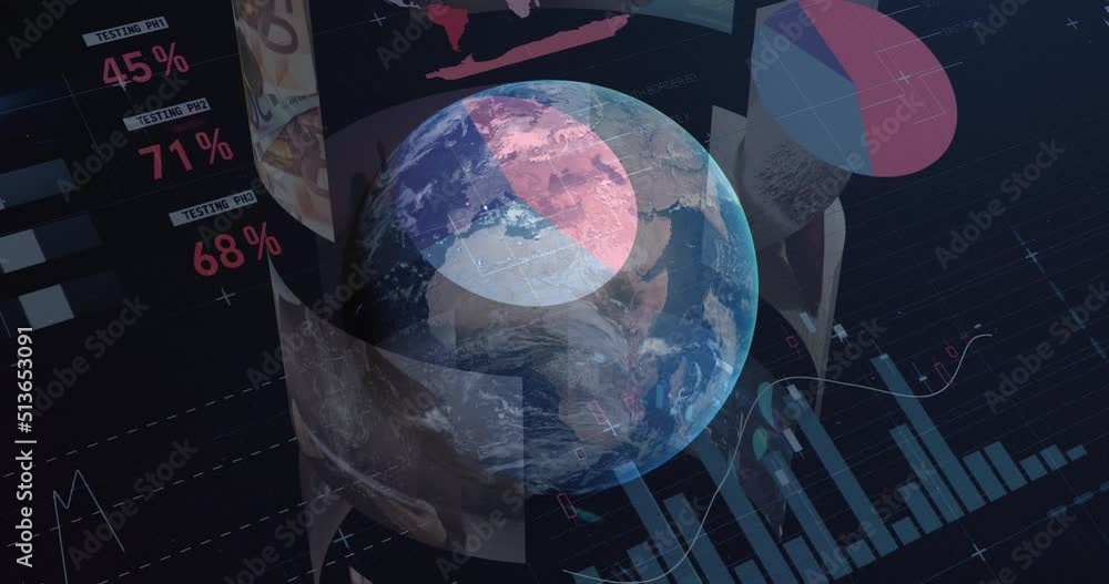 Aufkleber animation of globe rotating over graphs and data on screens