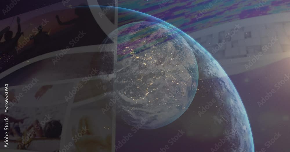 Aufkleber animation of globe rotating over data on screens and sun