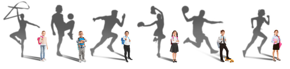 Group of cute little children dreaming about career in sports on white background