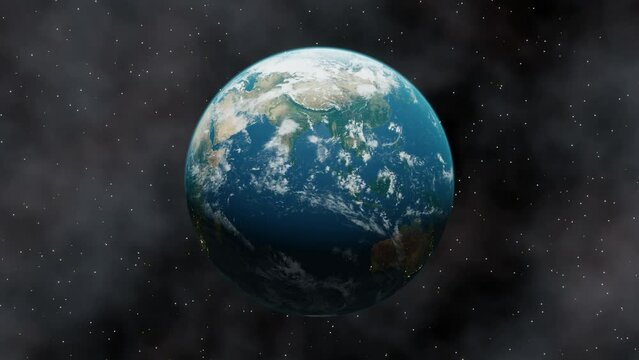 Beautiful 3d planet earth animation. Sunrise from outer space. Concept of climate change, dark night, cities lights, sunrise. World planet satellite, Stars, nebula and galaxy 3d render. 4k footage
