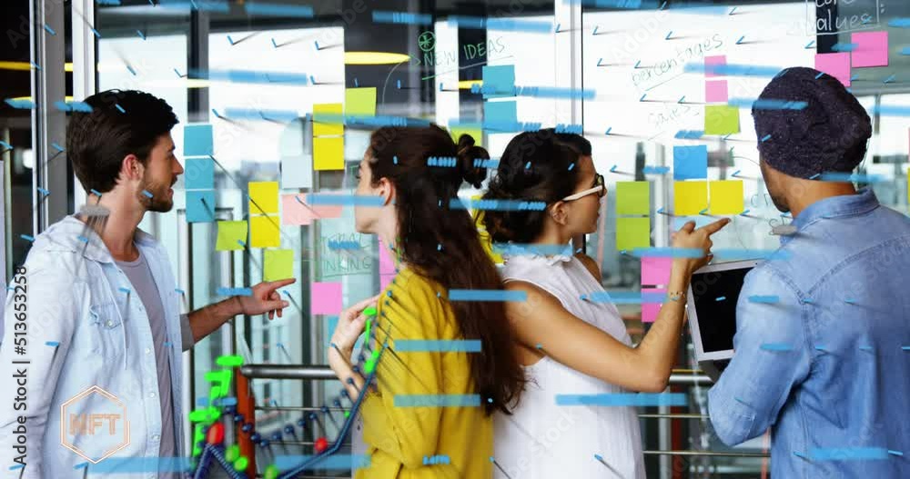 Poster animation of data processing over diverse business people taking notes