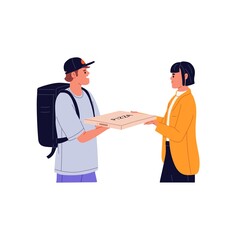 Obraz premium Pizza delivery service. Courier giving takeaway food in box, meal order to woman. Customer receiving delivered takeout fastfood from deliveryman. Flat vector illustration isolated on white background