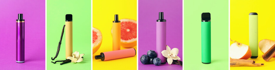 Set of modern electronic cigarettes on color background