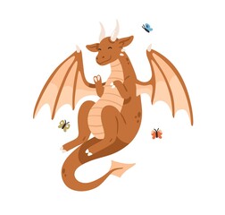 Cute happy dragon. Fairy baby character enjoying butterflies. Joyful magic fairytale animal. Sweet funny smiling dino rejoicing. Childish flat vector illustration isolated on white background