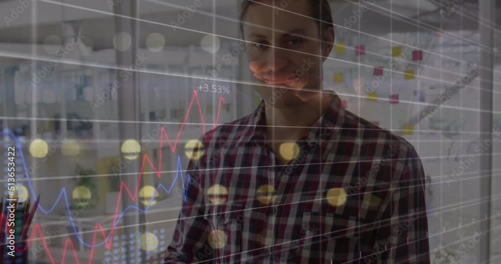 Aufkleber statistical data processing over portrait of caucasian man smiling at office