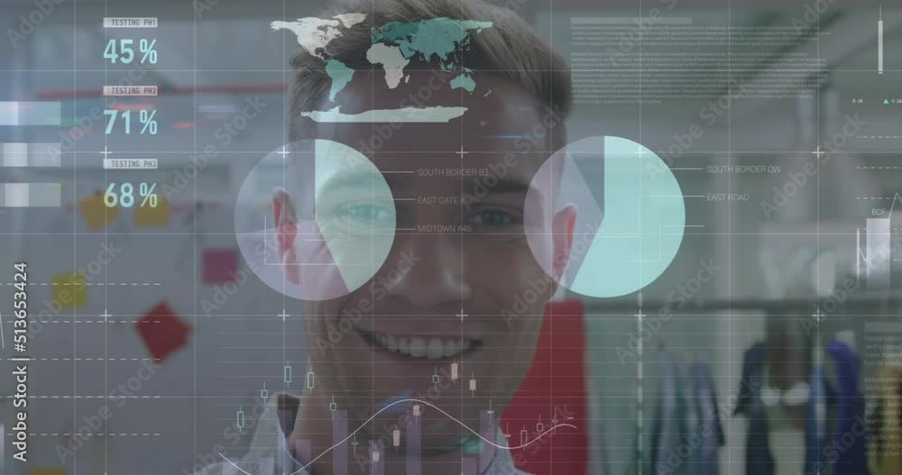 Poster statistical data processing over portrait of caucasian man smiling at office
