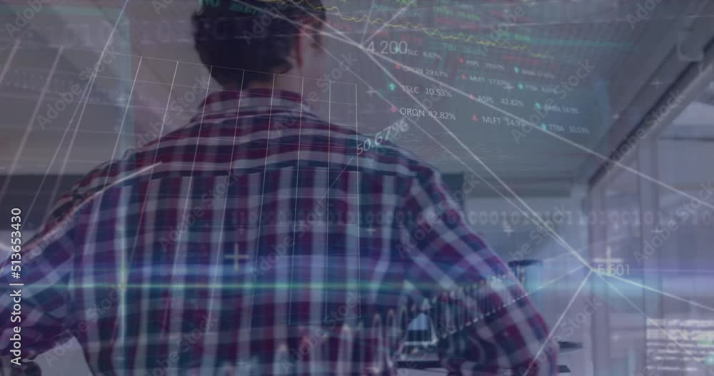 Poster Statistical data processing over caucasian man smiling looking out of the window at office
