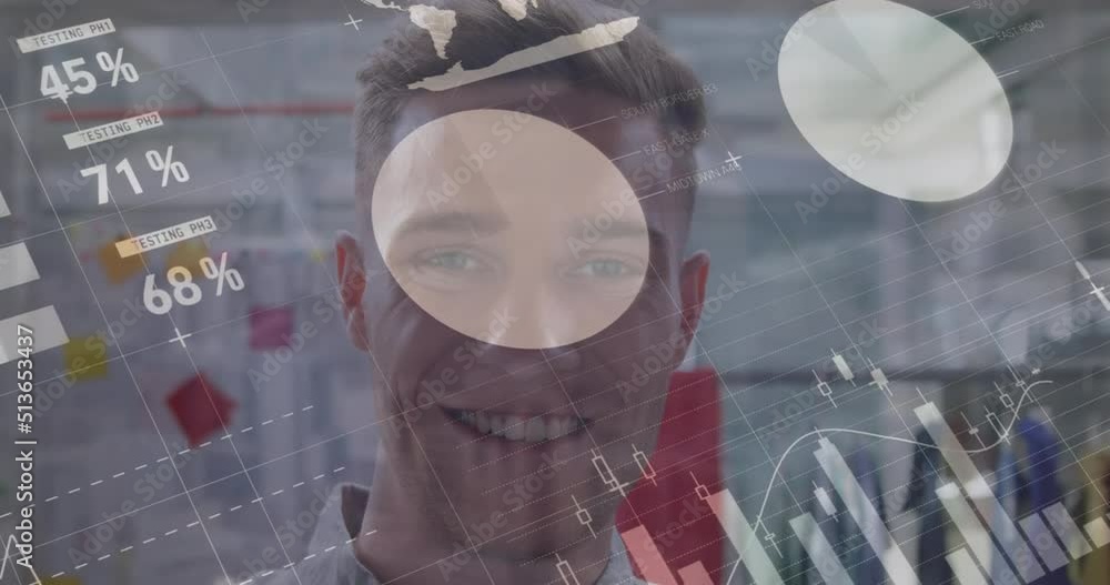 Aufkleber statistical data processing over portrait of caucasian man smiling at office