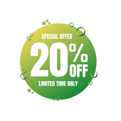 20% off percent, special offer, limited time only. 3D Green light bubble design. Super discount online coupon. vector illustration, Twenty