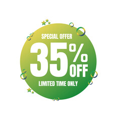 35% off percent, special offer, limited time only. 3D Green light bubble design. Super discount online coupon. vector illustration, Thirty-five 