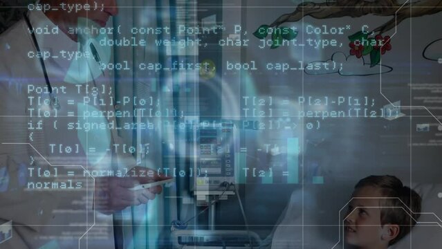 Data processing over caucasian male doctor with digital tablet talking to caucasian boy at hospital