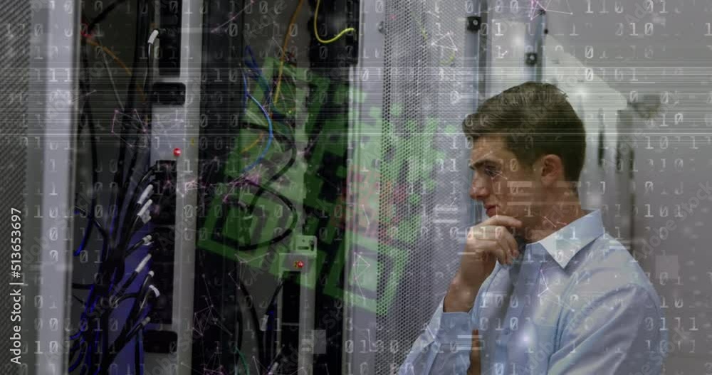 Poster animation of qr code over data processing and caucasian man checking servers
