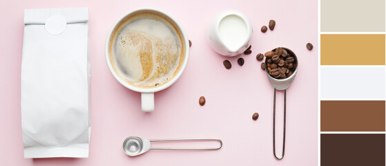 Composition with hot coffee  on pink background. Different color patterns