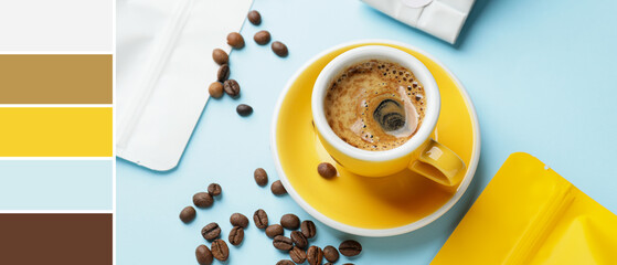 Cup of hot coffee on light blue background. Different color patterns