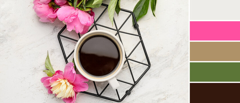 Cup of coffee and beautiful peony flowers on light background. Different color patterns