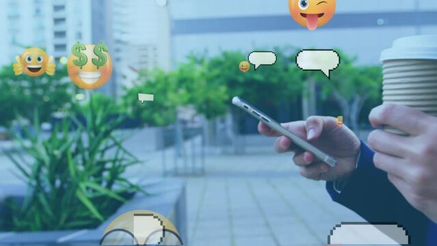 Animation of emoji icons over biracial woman using smartphone