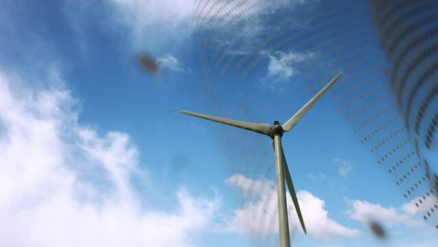 Animation of globe over wind turbine and sky with clouds