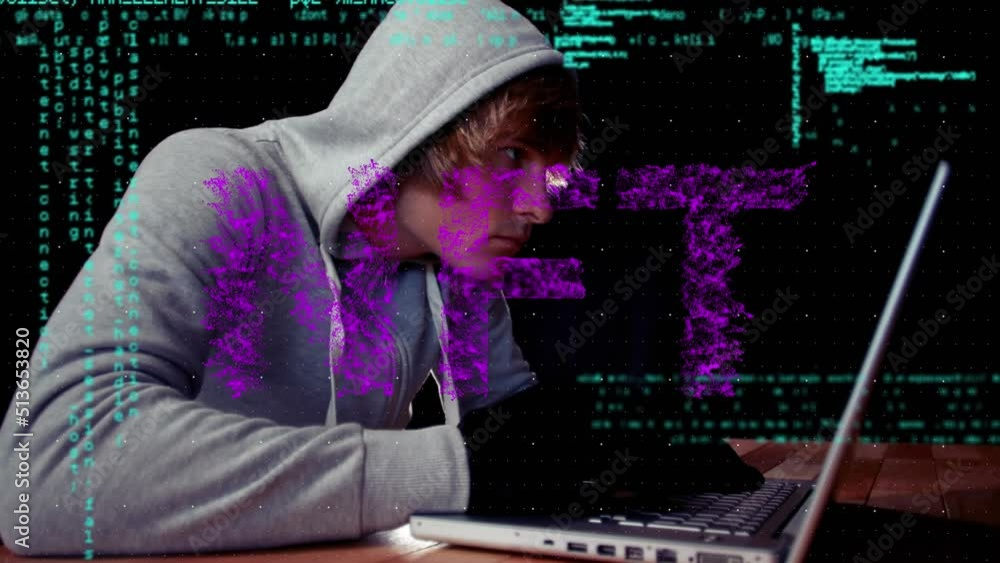 Poster animation of nft and data processing over caucasian male hacker