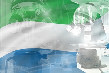 Microscope on Sierra Leone flag - science development conceptual background. Research in vaccine or medicine, 3D illustration of object