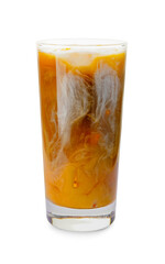 Glass of tasty cold brew coffee with milk on white background