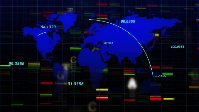 Animation of world map, financial graphs and data on black background