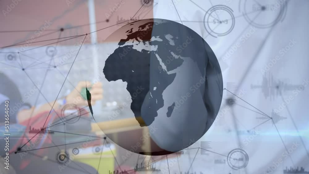 Poster animation of network of connections and globe over scientist in laboratory