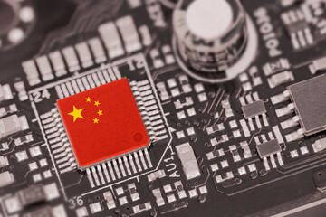 Flag of China on a processor, CPU Central processing Unit or GPU microchip on a motherboard. China...