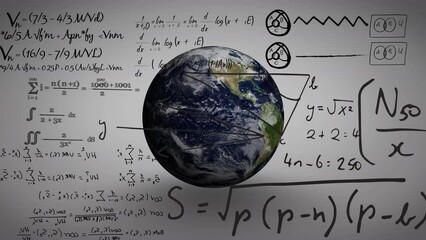 Animation of math formulas over globe on grey background - Powered by Adobe