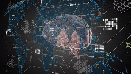 Animation of world map and icons over rotating brain on black background