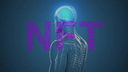 Animation of nft over human model on blue background - Powered by Adobe