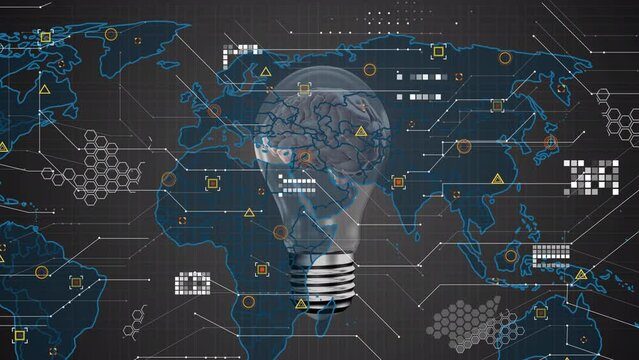 Animation of world map over brain in bulb on grey background