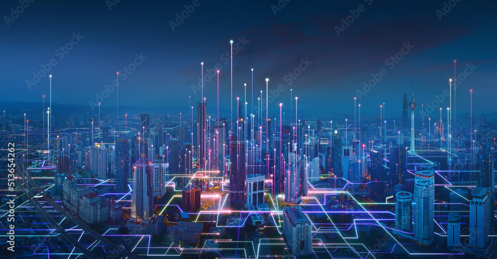 Poster smart city and abstract line and dot connect with gradient line design , big data connection technol