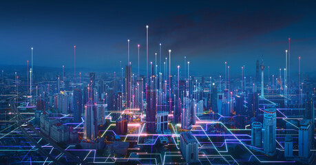 Smart city and abstract line and dot connect with gradient line design , big data connection technology concept. 3d render - obrazy, fototapety, plakaty