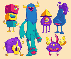 Cute monsters in trendy contemporary art style. Vector cartoon set of funny comic creatures, alien furry animals with teeth, horns, feathers and pyramid on head